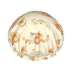 Herbst-Aquarell-Kürbis-Duschhaube für Damen, verstellbar, doppelt, wasserdicht, Bade-Duschhut, Haarschutz, wiederverwendbar, Damen-Spa-Salon-Duschhut von Peiyeety