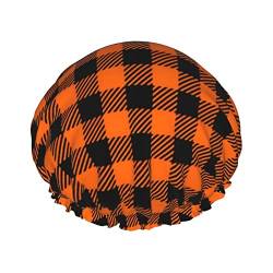 Schwarz-orangefarbene Gingham-Duschhaube für Damen, verstellbar, doppelt wasserdicht, Bade-Duschhut, Haarschutz, wiederverwendbar, Damen-Spa-Salon-Duschhut von Peiyeety