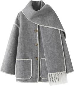 Womens Oversized Embroidered Scarf Jacket Crewneck Wool Coat Long Sleeve Tassel Scarf Coats with Baggy Pockets,Fashion Tassel Scarf Coats,Button Down Warm Outerwear with Tassel Scarf (Grey, S) von Pelinuar