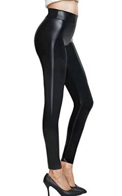 Pelisy Damen Leder Leggings Schwarz Lederoptik Mittlere Taille PU Lederimitat Glanzleggings Sexy Kunstlederhose, Schwarz, 2XL-- Taille 81 - 89cm; Hüfte 112cm. von Pelisy