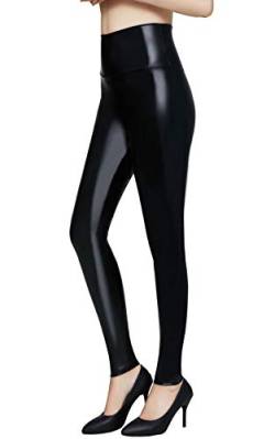 Pelisy Damen Sexy Leder Leggings Schwarz Lederimitat Hohe Taille PU Lederoptik Glanzleggings, Schwarz, L / Taille 70 - 74 cm; Hüfte 99cm. von Pelisy