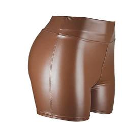 Pelisy Damen Sexy Leder Shorts Glanz Hohe Taille PU Lederoptik Kurze Hose Push up Lederimitat Kunstlederhose, Braun, 4XL von Pelisy