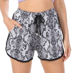 PengFaXin Damen Shorts Sommer Casual High Waist Bequem Beach Hotpants mit Taschen(Grey Pattern, Medium) von PengFaXin