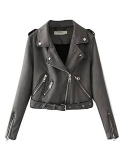 PengGeng Damen Bomber Kunstlederjacke Kurz Slim Fit Beiläufig Blouson Motorradjacke Bikerjacke Grau M von PengGeng