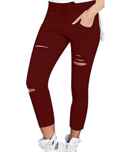 PengGeng Damen Cropped Jeans High-Waist Stretch Ripped Loch Bleistift Modern Lässige Hosen Weinrot S von PengGeng