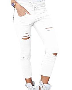 PengGeng Damen Cropped Jeans High-Waist Stretch Ripped Loch Bleistift Modern Lässige Hosen Weiß S von PengGeng