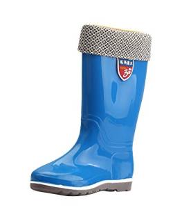 PengGeng Damen Regenstiefel Warm Gefüttert Gummistiefel Rain Schuhe Klassisch Hohe Stiefel Blau 39 von PengGeng