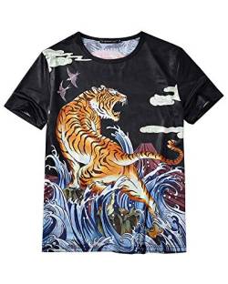 Japanische Ukiyo Tiger Druck T Shirts Herren Harajuku Kurzarm Tops Tees T-Shirts Streetwear 3XL von PengGengA