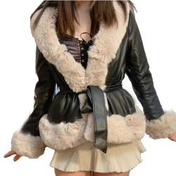 PengGengA Damen Kunstleder Jacke Mantel Kurzer Parka Mantel mit Pelzkragen Offener Front Plüschkragen Warme Winterjacke mit Gürtel Outwear - Schwarz, L von PengGengA