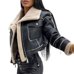 PengGengA Damen Kunstlederjacke Winterjacke Wildlederimitat Jacke Mantel Revers Plüschjacke Motorrad Jacke Reißverschluss Bikerjacke Parka Outwear von PengGengA