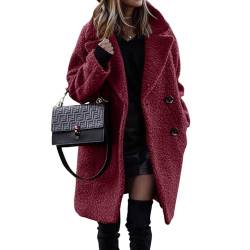 PengGengA Damen Kunstpelz Mantel Winterjacke Parka Elegant Trenchcoat Plüschjacke Plüschmantel Teddy Fleece Jacke Lang Cardigan Outwear - Weinrot, XXL von PengGengA