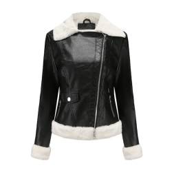 PengGengA Damen PU Lederjacke Winterjacke mit Kunstfell gefüttert Kurz Bikerjacke Reverskragen Motoradjacke Kunstleder Jacke - Schwarz, XS von PengGengA