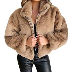 PengGengA Fleecejacke Damen Plüschjacke Reißverschluss mit Taschen Kurze Kunstpelz Mantel Jacke Winterjacke - Khaki, L von PengGengA