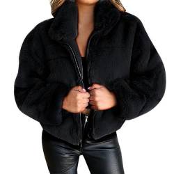 PengGengA Fleecejacke Damen Plüschjacke Reißverschluss mit Taschen Kurze Kunstpelz Mantel Jacke Winterjacke - Schwarz, S von PengGengA