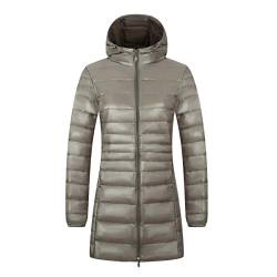 Leichte Daunenjacke Damen Lang Mit Kapuze Steppjacke Langer Daunenmantel Damen Stepp Winter Daunen Winterjacke Damen Leicht Dünne Steppjacken Frauen Federleichte Softdaunenjacke Übergangsjacke Grau von Pengniao