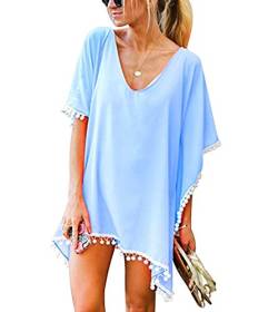 Strandkleider Damen Kaftan Strandkleid Tunika Große Größen Strandtunika Sommerkleider Kurz Strandponcho Bikini Cover Up Strandbekleidung Beachkleider Strand Blusenkleid Shirtkleider Sommer Blau von Pengniao