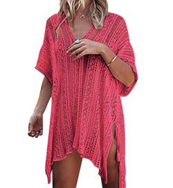 Strandkleider Damen Strandkleid Strick Kaftan Tunika Strandtunika Boho Sommerkleider Kurz Strandponcho V-Ausschnitt Bikini Cover Up Große Größen Strandbekleidung Beachkleider Kleid Sommer Strand Rosa von Pengniao