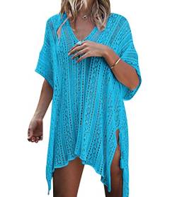 Strandkleider Damen Strandkleid Strick Kaftan Tunika Strandtunika Boho Sommerkleider Kurz Strandponcho V-Ausschnitt Bikini Cover Up Große Größen Strandbekleidung Beachkleider Kleid Sommer Strand Blau von Pengniao