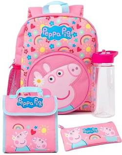 Peppa Pig Kinder 4-teiliges Rucksack-Set | Mädchen Jungen Animiert George Pig Hearts Rosa Rucksack Lunchtasche Federmäppchen Wasserflasche | Back to School Bag Geschenke von Peppa Pig