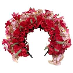 Perfeclan Han-chinesischer Blumenkranz-Stirnband, florale Kopfbedeckung, Haarschmuck, Kopfbedeckung für besondere Anlässe, Festivals, Alltagskleidung, Partys, Rot von Perfeclan