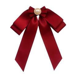 Perfeclan Vorgebundene Brosche mit Schleife für Damen, mit Perlen, Fliege, Anstecknadel, modische tragbare Krawattennadel, Bandbrosche für Hemden, Frack, Rot von Perfeclan