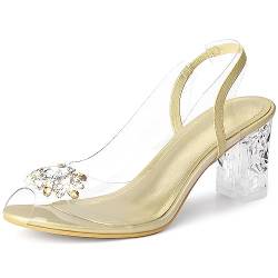 Perphy Damen-Sandalen mit durchsichtigem Slingback-Strass und Peep-Toe-Blockabsatz Gold 37 von Perphy