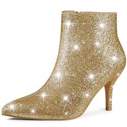 Perphy Glitzernde Pailletten-Stiefeletten mit spitzer Zehenpartie und Stiletto-Absatz für Damen Gold 38.5 von Perphy