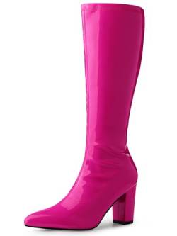 Perphy Go Go Boot Kniehohe Stiefel aus Lackleder mit klobigem Absatz für Damen Pink 40 von Perphy