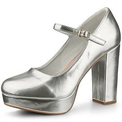 Perphy Plateau Knöchelriemchen Chunky Heels Mary Janes Pumps für Damen Silber 38.5 von Perphy