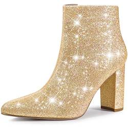 Perphy Spitze Zehe Chunky Heels Stiefeletten Glitzer Sparkly Stiefel für Frauen, Gold, 39 EU von Perphy