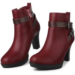 Perphy Stiefeletten mit Plateau-Blockabsatz und Schnalle für Damen Burgund 38 von Perphy