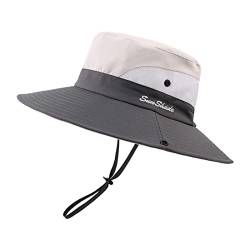 Pesaat Sonnenhut Damen UV Schutz Fischerhut knautschbarer Wasserfester Sommerhut mit Kinnband gartenhut Boonie hat damenfür Gartenarbeit Reisen Wandern Angeln (Beige-Grau, Gr.Erwachsener) von Pesaat