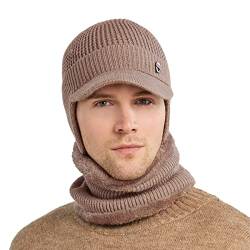 Pesaat Winter Beanie Mütze Schal Set Herren Wintermütze Winddicht Warme Strickmütze mit Flauschig-fleece Ohrenmütze für Kalte Jahreszeit(Khaki) von Pesaat