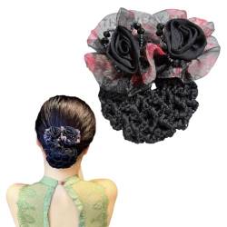 Haarknotenhalter für Damen, Doppel-Rosen-Haarnetz, Haarklammern mit großer Satin-Rose, elastische Rosen-Dekor-Netz-Haarspange, Haarnadel für Damen von Pessrrtewg
