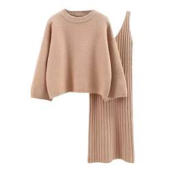 Petalum 2 Teiliges Damen Strickkleid lang elegant Set 3/4 Ärmel Pullover Pulli Top und ärmellos Gestrickt Kleid Bodycon Pullikleid Minikleid Khaki Einheitsgröße von Petalum