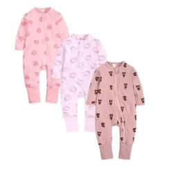 Petalum 3pcs Baby Pyjamaset Strampler Baumwolle Langarm Schalfoverall Kleinkind Schlafanzug Reißverschluss ohne Fuß Einteiliger für Mädchen Jungen M 6-9Monate von Petalum