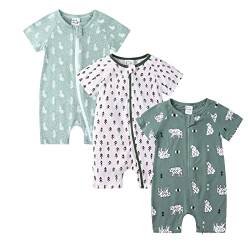 Petalum Baby Mädchen Pyjama Sommer aus Baumwolle Kurzarm mit Reißverschluss 3pcs Kleinkind Jungen Schlafstrampler Drucken Jumpsuit Body Spieler Outfits 12-24 Monate Set S von Petalum