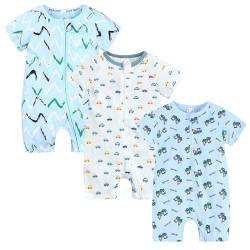 Petalum Baby Mädchen Pyjama Sommer aus Baumwolle Kurzarm mit Reißverschluss 3pcs Kleinkind Jungen Schlafstrampler Drucken Jumpsuit Body Spieler Outfits 3-36 Monate von Petalum