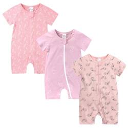 Petalum Baby Mädchen Pyjama Sommer aus Baumwolle Kurzarm mit Reißverschluss 3pcs Kleinkind Jungen Schlafstrampler Drucken Jumpsuit Body Spieler Outfits 6-9 Monate Set R von Petalum