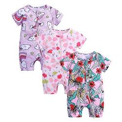 Petalum Baby Mädchen Pyjama Sommer aus Baumwolle Kurzarm mit Reißverschluss 3pcs Kleinkind Jungen Schlafstrampler Drucken Jumpsuit Body Spieler Outfits 9-12 Monate Set E1 von Petalum