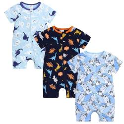 Petalum Baby Mädchen Pyjama Sommer aus Baumwolle Kurzarm mit Reißverschluss 3pcs Kleinkind Jungen Schlafstrampler Drucken Jumpsuit Body Spieler Outfits Set A 12-24Monate von Petalum