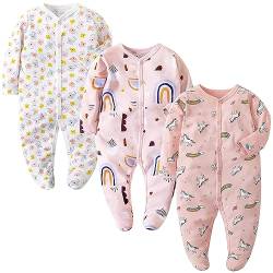 Petalum Baby Mädchen Pyjama mit Füßen 3er Pack Kleinkind Jungen schlafanzüge Baumwolle Winter Langarm Schlafstrampler mit knöpfen Overalls Strampler A 6-9Monate von Petalum