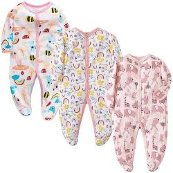 Petalum Baby Mädchen Pyjama mit Füßen 3er Pack Kleinkind Jungen schlafanzüge Baumwolle Winter Langarm Schlafstrampler mit knöpfen Overalls Strampler B 6-9Monate von Petalum