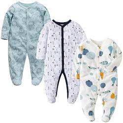 Petalum Baby Mädchen Pyjama mit Füßen 3er Pack Kleinkind Jungen schlafanzüge Baumwolle Winter Langarm Schlafstrampler mit knöpfen Overalls Strampler D 9-12Monate von Petalum