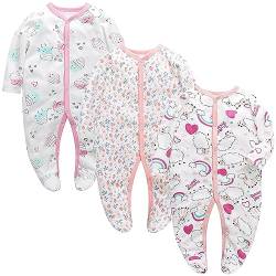 Petalum Baby Mädchen Pyjama mit Füßen 3er Pack Kleinkind Jungen schlafanzüge Baumwolle Winter Langarm Schlafstrampler mit knöpfen Overalls Strampler F 0-3Monate von Petalum