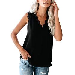 Petalum Bluse Damen Oberteile Elegant Chiffon Blusenshirt T-Shirt mit Spitzen Crop Tops V-Ausschnitt Ärmellos für Sommer 40EU schwarz von Petalum