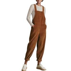 Petalum Cord Latzhose Damen lang Baumwolle Cord ärmellos Jumpsuits mit Taschen Regular Fit Overalls Spielanzug Hose Kaffee L von Petalum