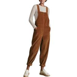 Petalum Cord Latzhose Damen lang Baumwolle Cord ärmellos Jumpsuits mit Taschen Regular Fit Overalls Spielanzug Hose Kaffee XL von Petalum