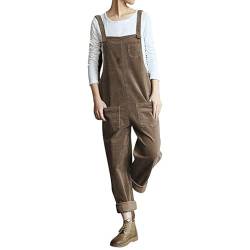 Petalum Cord Latzhose Damen lang Baumwolle Retro Einteiler Cord ärmellos Jumpsuits mit Taschen Herbst Winter Loose Fit Baggy Overalls Spielanzug Bib Pants L Khaki von Petalum