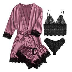 Petalum Damen 4 Stück Satin Floral Spitze Cami Top Dessous Pyjama Set mit Robe Nachtwäsche Babydoll Lingerie Sexy Seide Nachthemd Unterwäsche (34, Lila) von Petalum